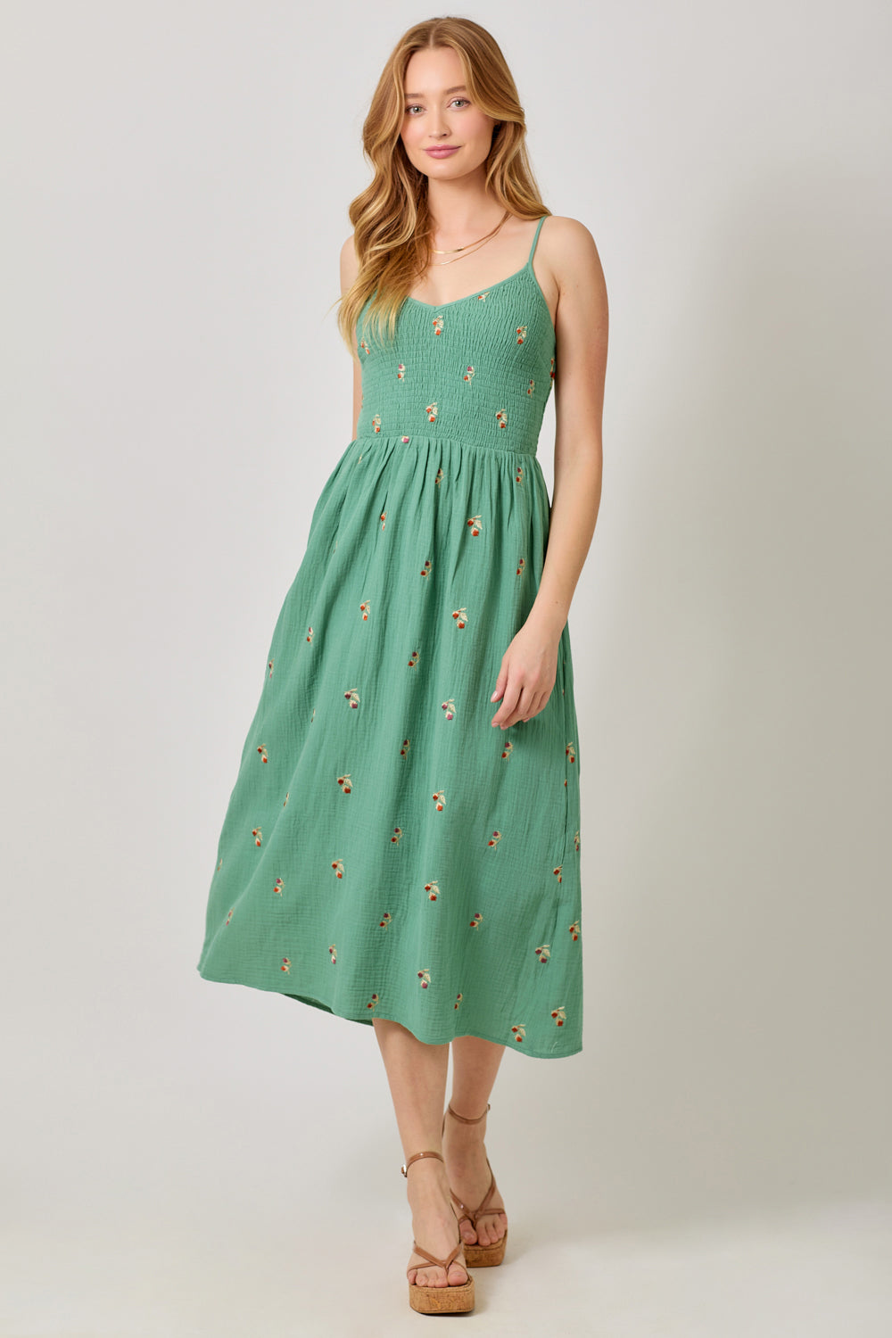 MYSTREE Embroidered Smocked Midi Dress