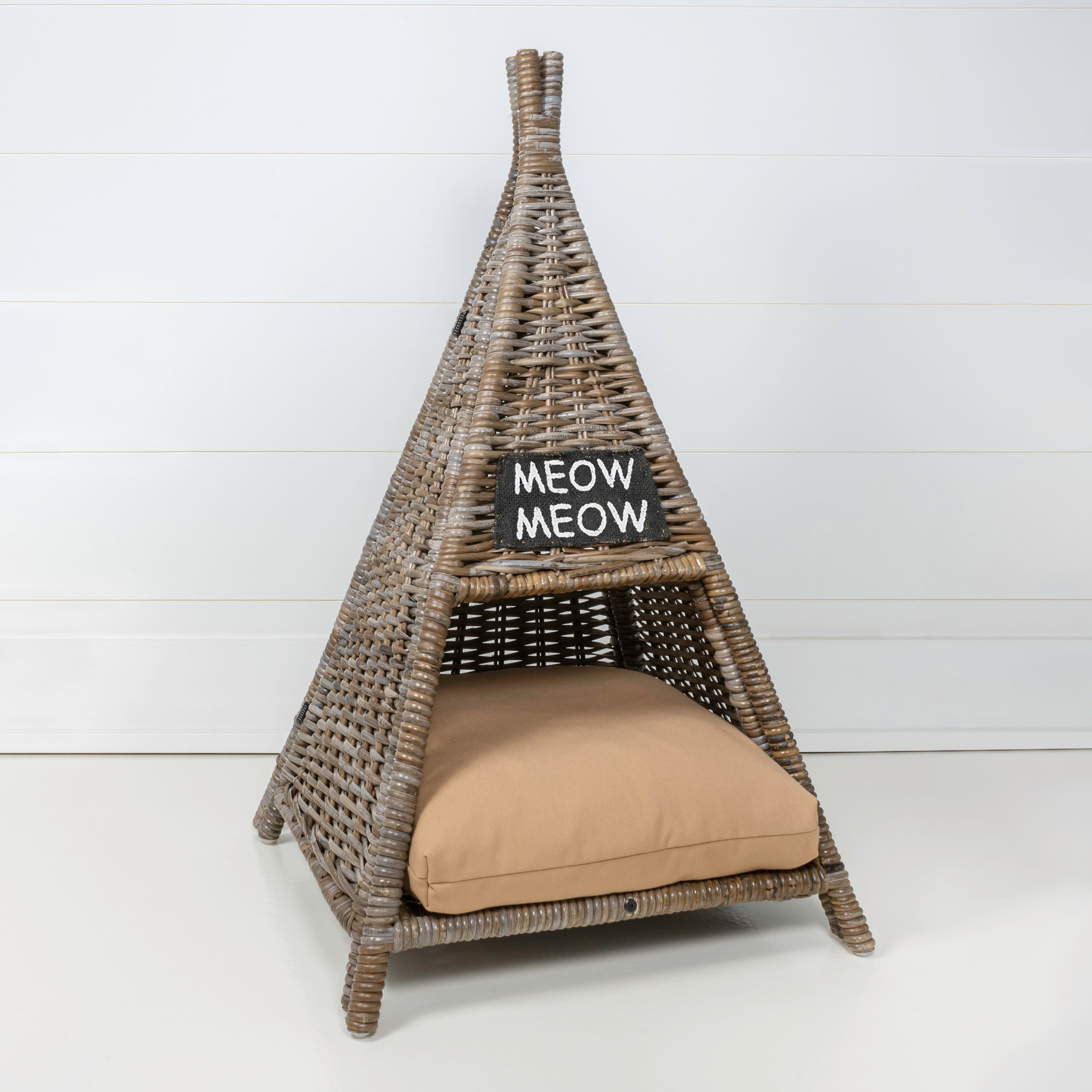 2252 Tiki Tent 20" x 20" Coastal Handwoven Rattan Cat Bed with Machine Washable Cushion  Kubu Gray