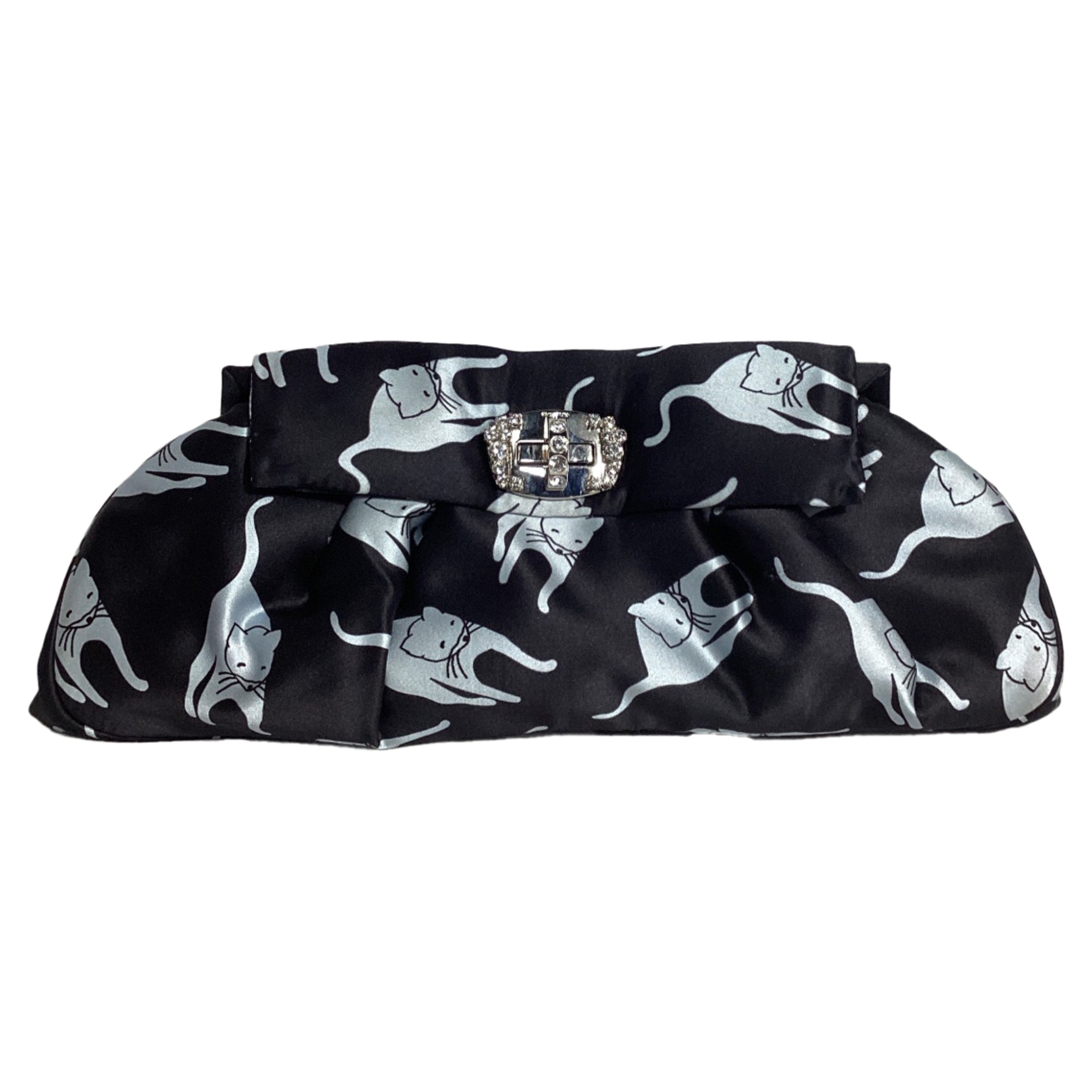 2604 Miu Miu Embellished Cat Print Clutch Bag in Black Satin