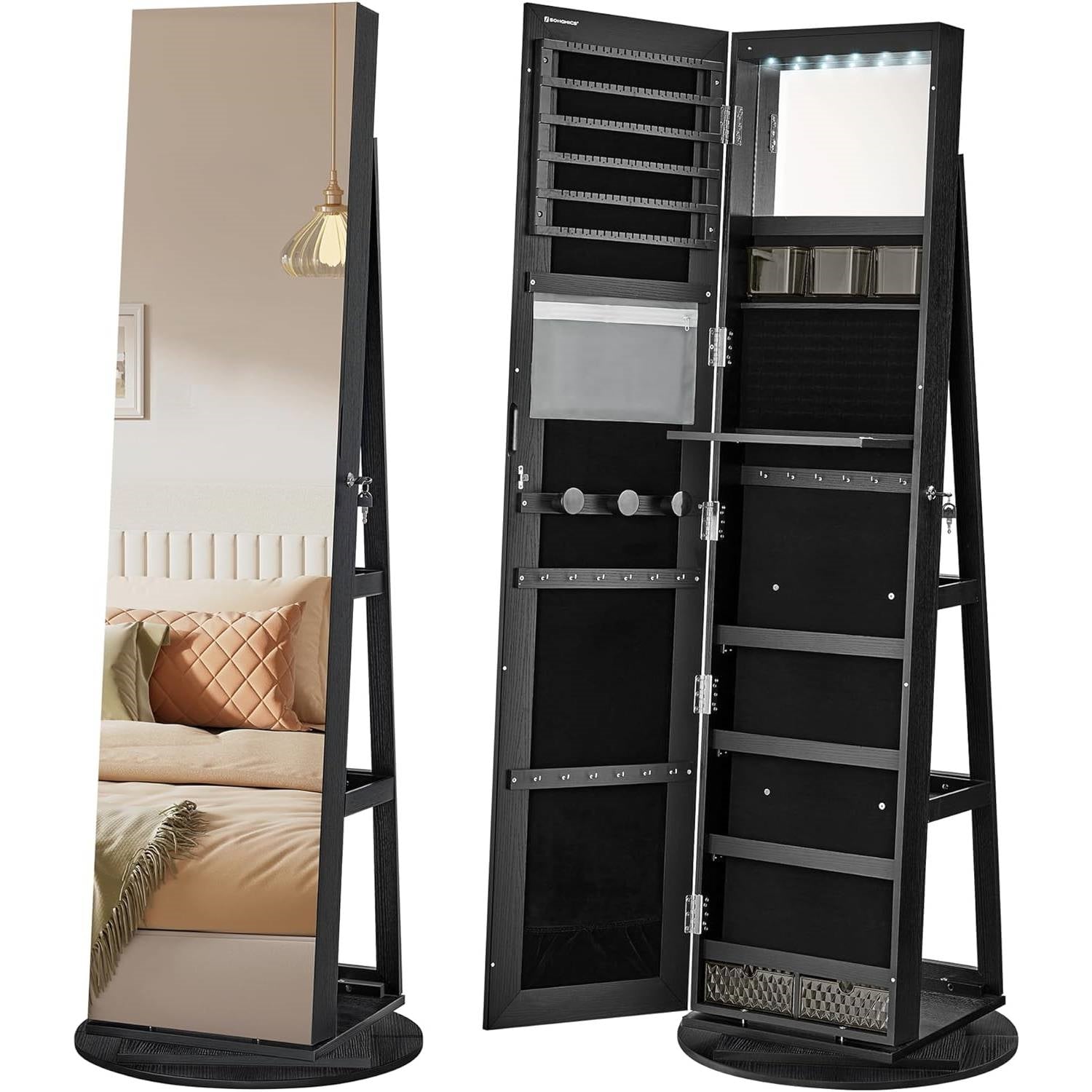 2736 Black Wood Jewelry Cabinet Armoire Organizer Freestanding Rotating Mirror