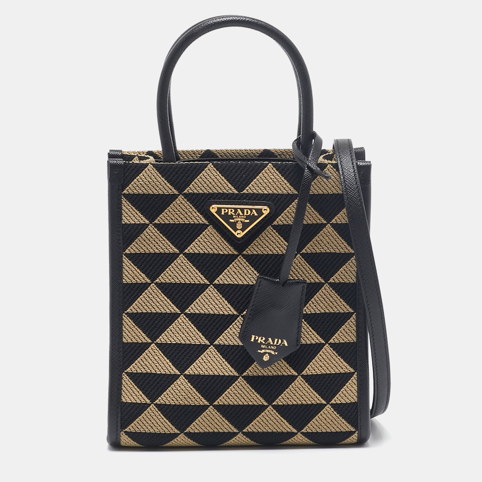 2613 Prada Black cream Jacquard Fabric Symbole Embroidered Mini Tote