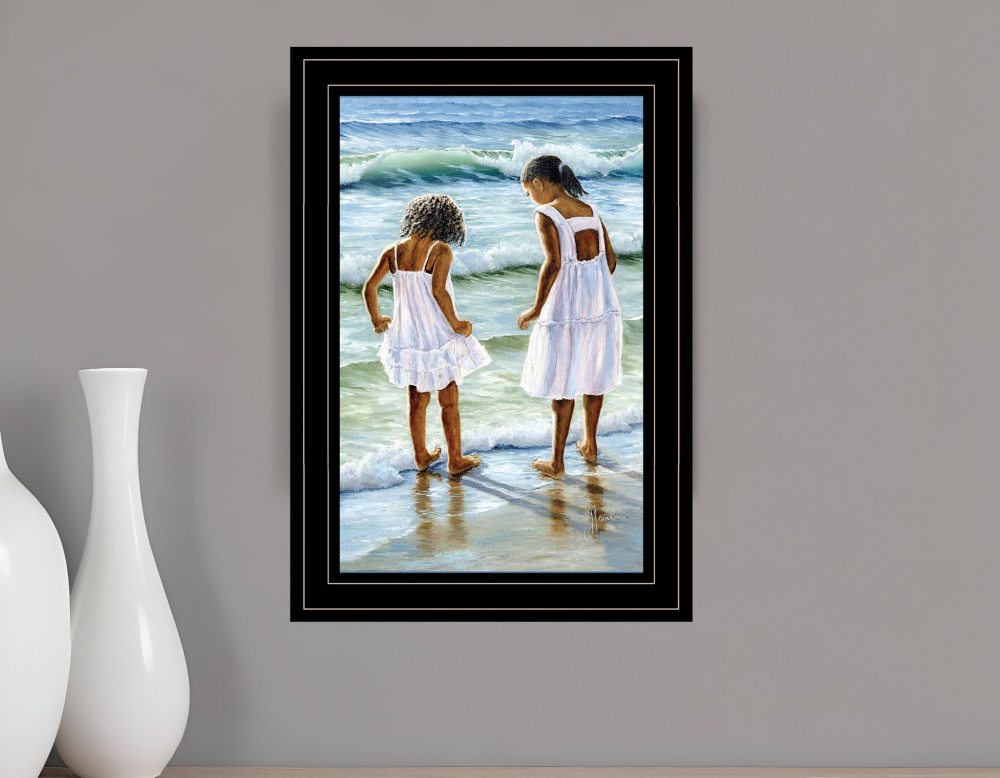 2736 Two Girls at the Beach 4 Black Framed Print Wall Art