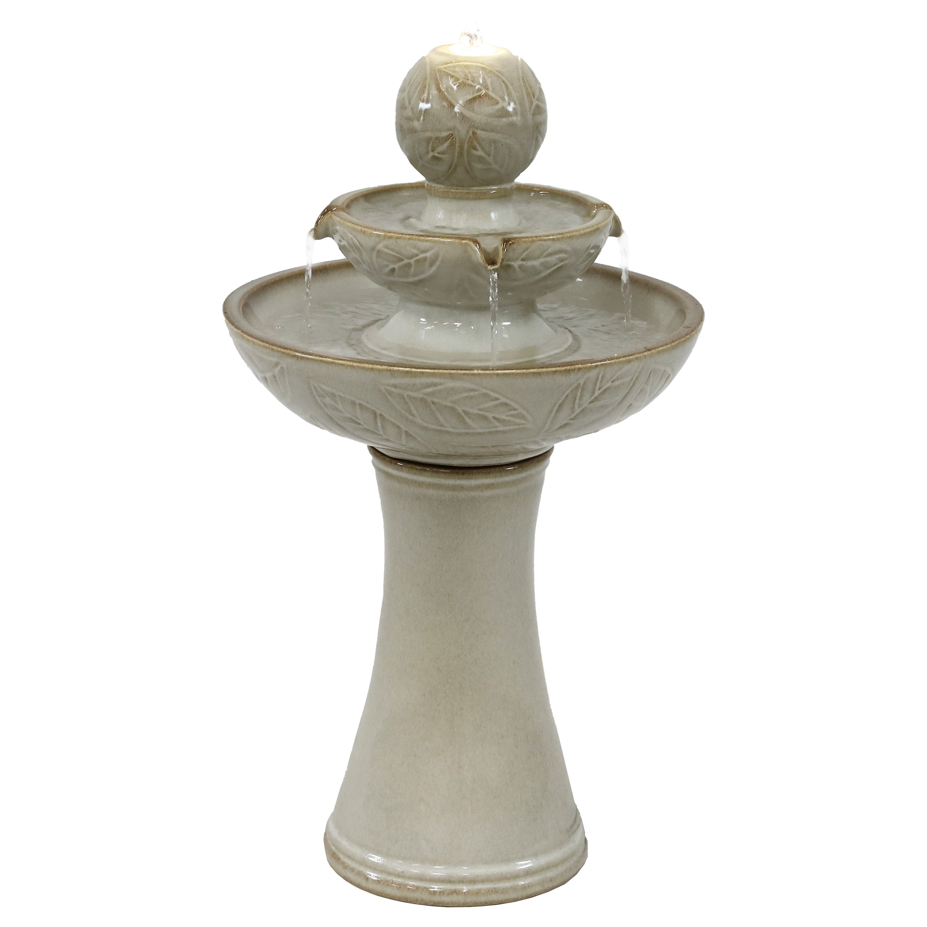 2936 Sunnydaze Gentle Glow 2 Tier Ceramic Outdoor Fountain with LED Lights 26.5" H Off White