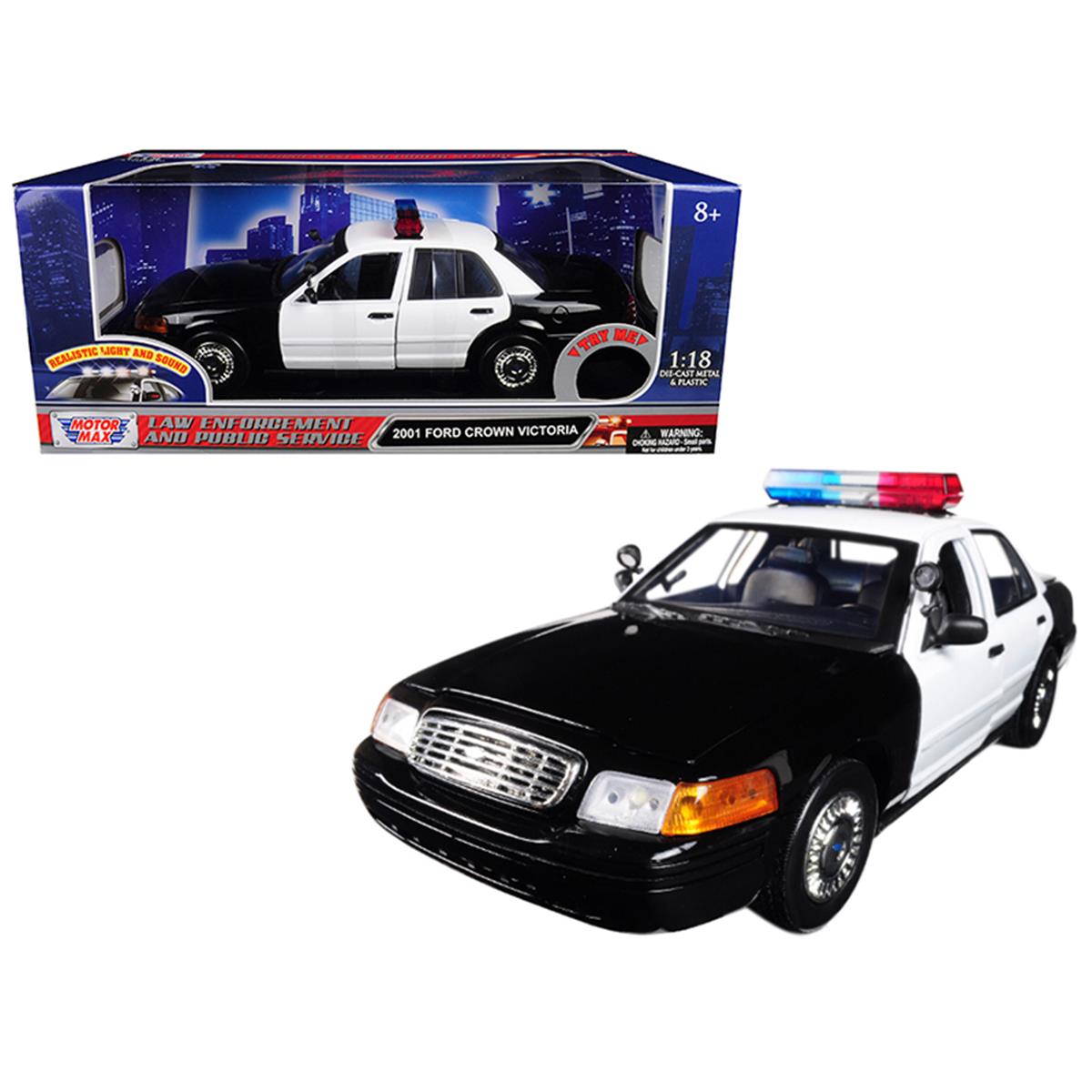 2297 Motormax Toy  1 18 2001 Ford Crown Victoria Police Diecast Model Car with Front & Rear Lights & Sound   Black White