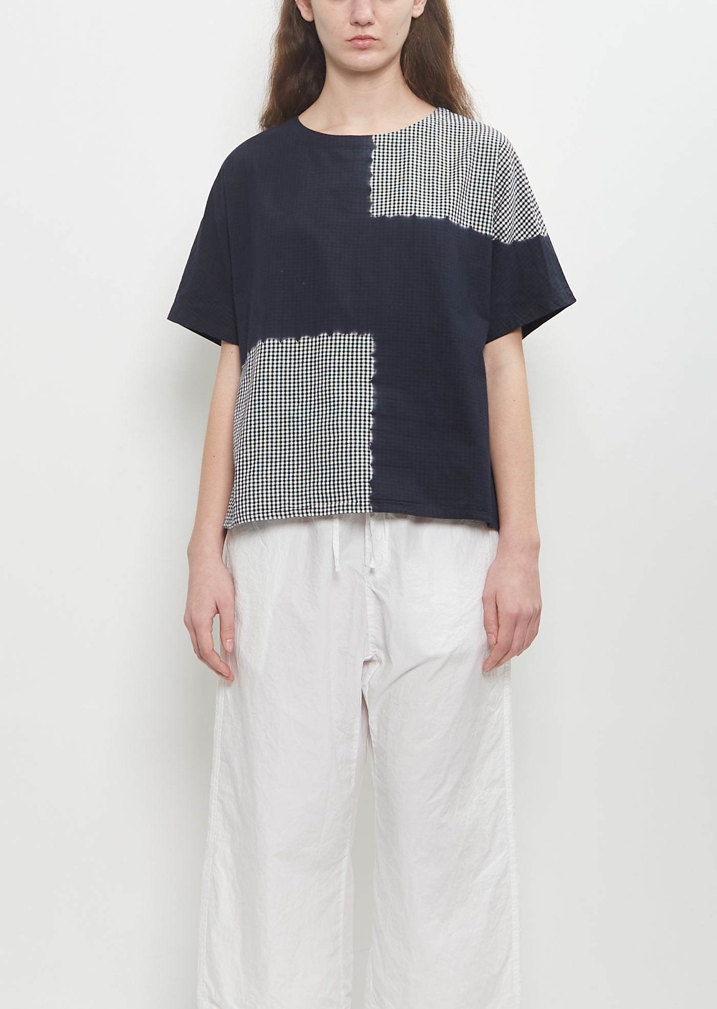 SUZUSAN Cotton Gingham Check Woven T Shirt