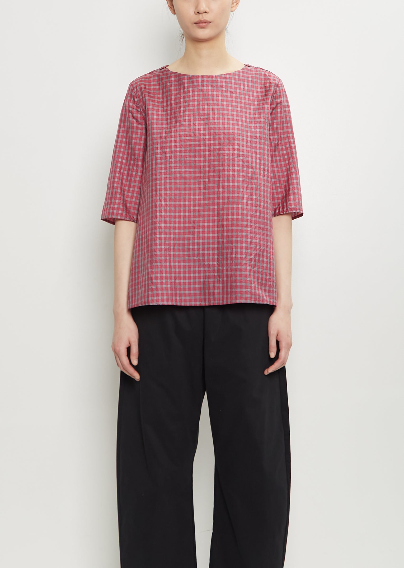 APUNTOB Silk Plaid Boxy Top