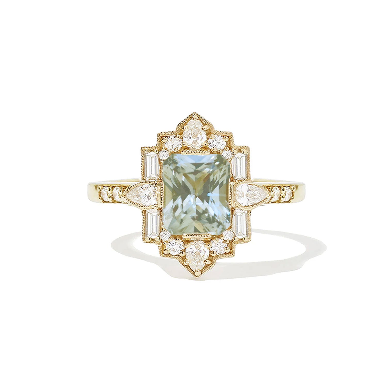 BERLINGER JEWELRY Light Sage Green Radiant Deco Emerald & Pear Diamond Mosaic Ring