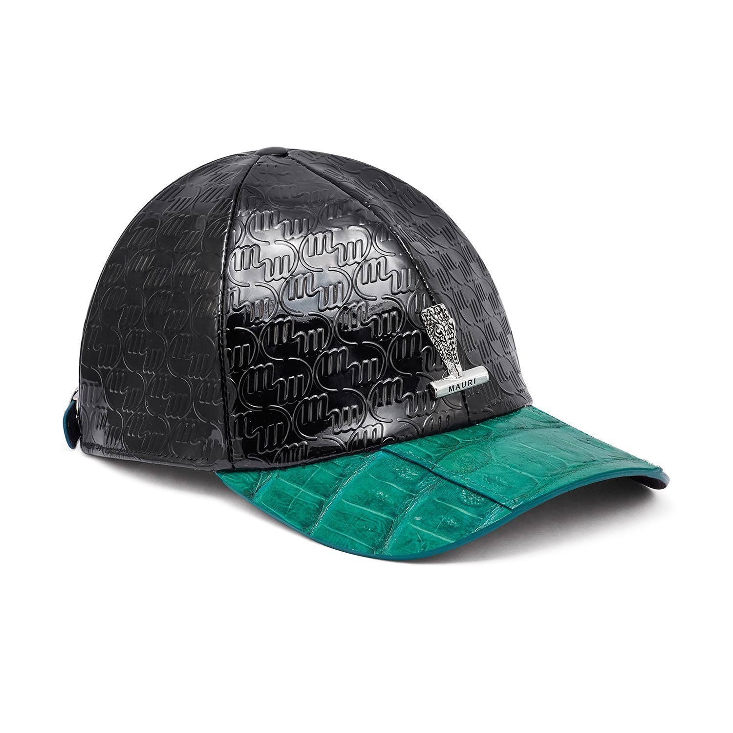 Mauri Cap H65 Men's Black & Leaf Green Exotic Crocodile   Patent Embossed Leather Hat (MAH1014)