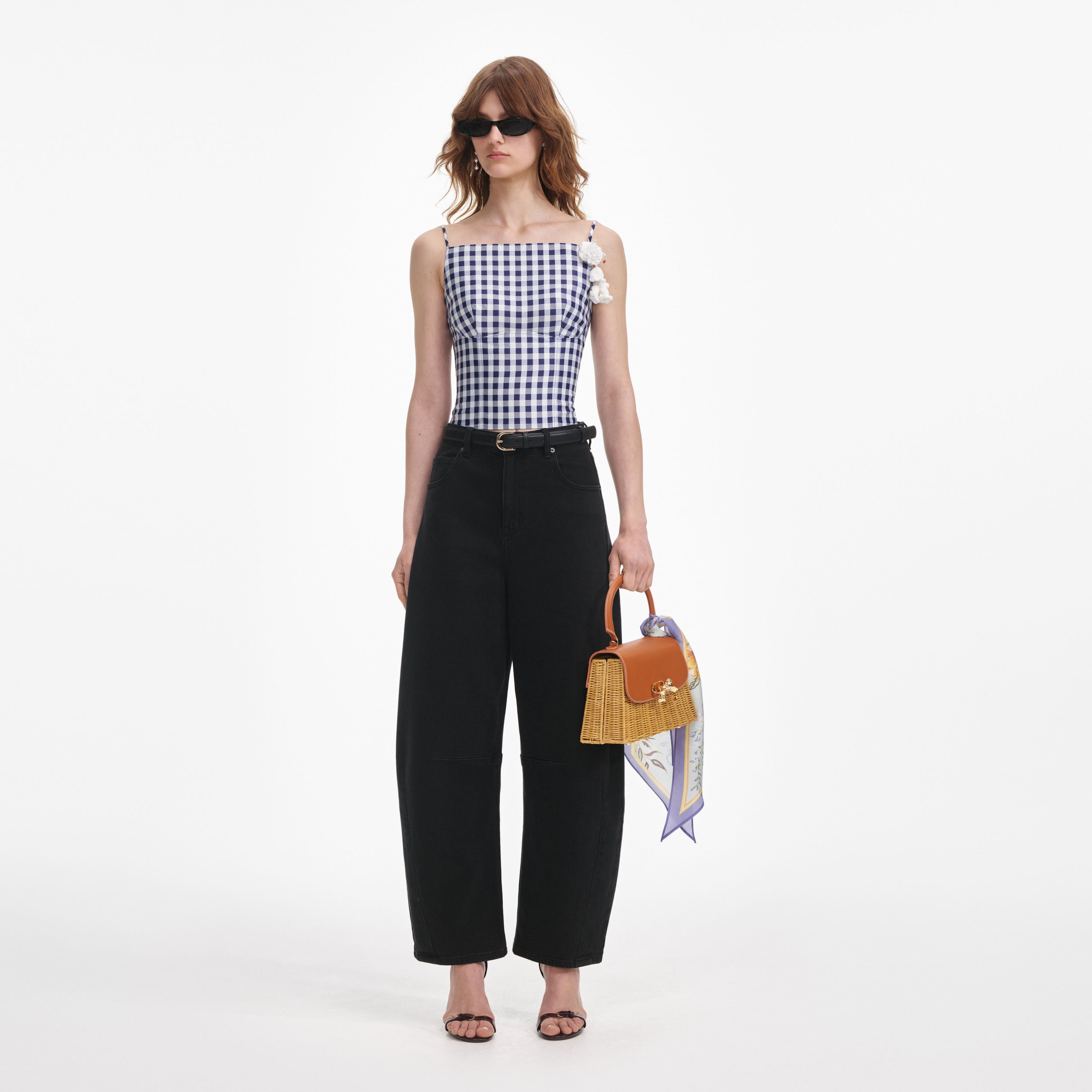 SELF PORTRAIT US Navy Gingham Taffeta Top