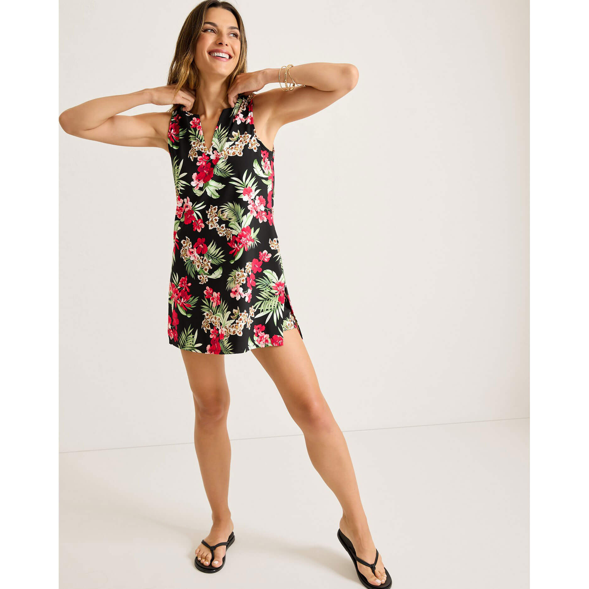 TOMMY BAHAMA WOMENS SWIMWEAR Tommy Bahama Womens Lily Cat Split Neck Romper Coverup   Black