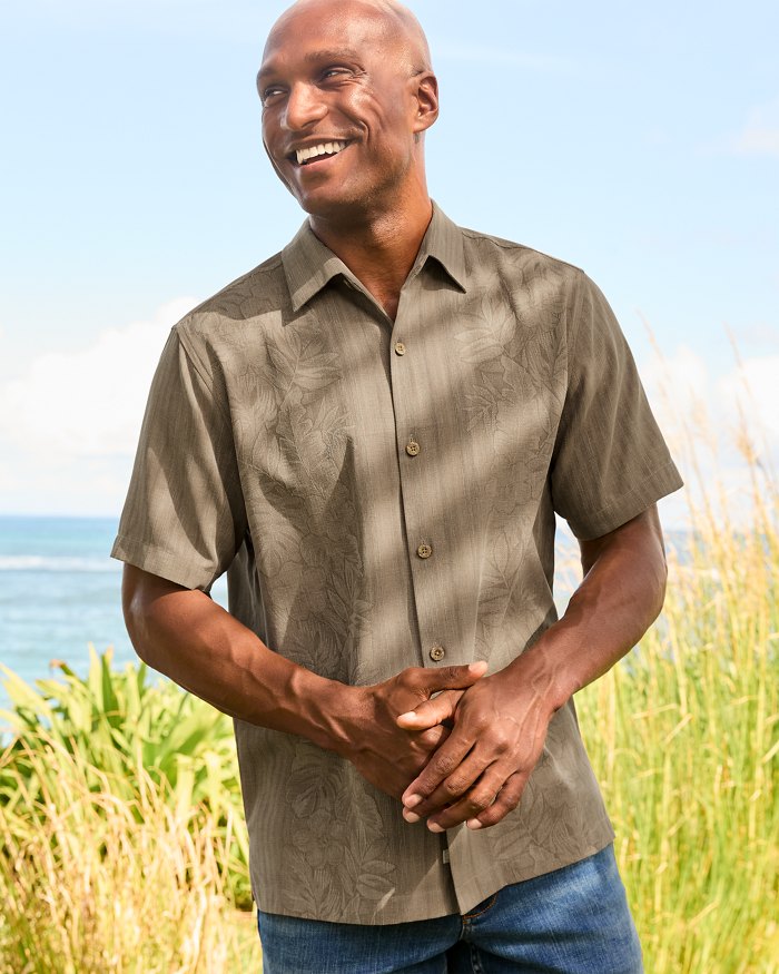 TOMMY BAHAMA MENS Tommy Bahama Men's Maui Border Silk Camp Shirt   Soft Brown