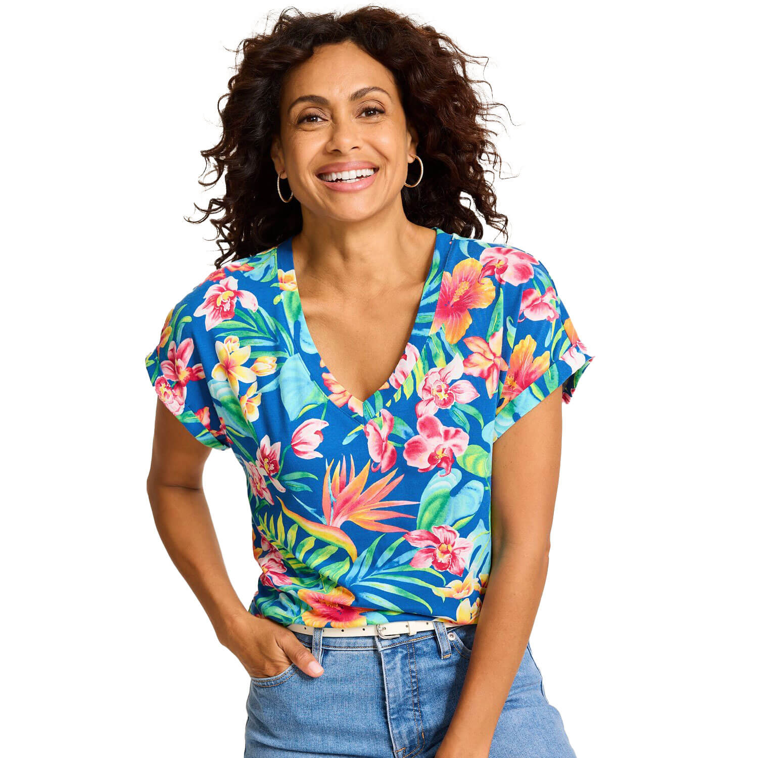 TOMMY BAHAMA WOMENS Tommy Bahama Women's Kauai Tropi Flore V Neck T Shirt   Cobalt Sea