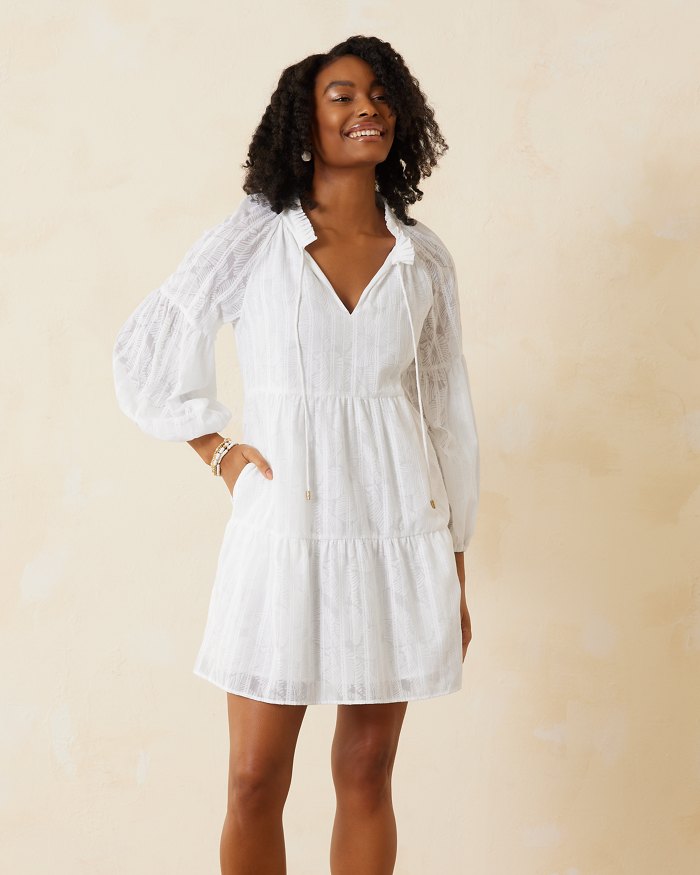 TOMMY BAHAMA WOMENS Tommy Bahama Women's Illusion Frond Long Sleeve Short Dress   White