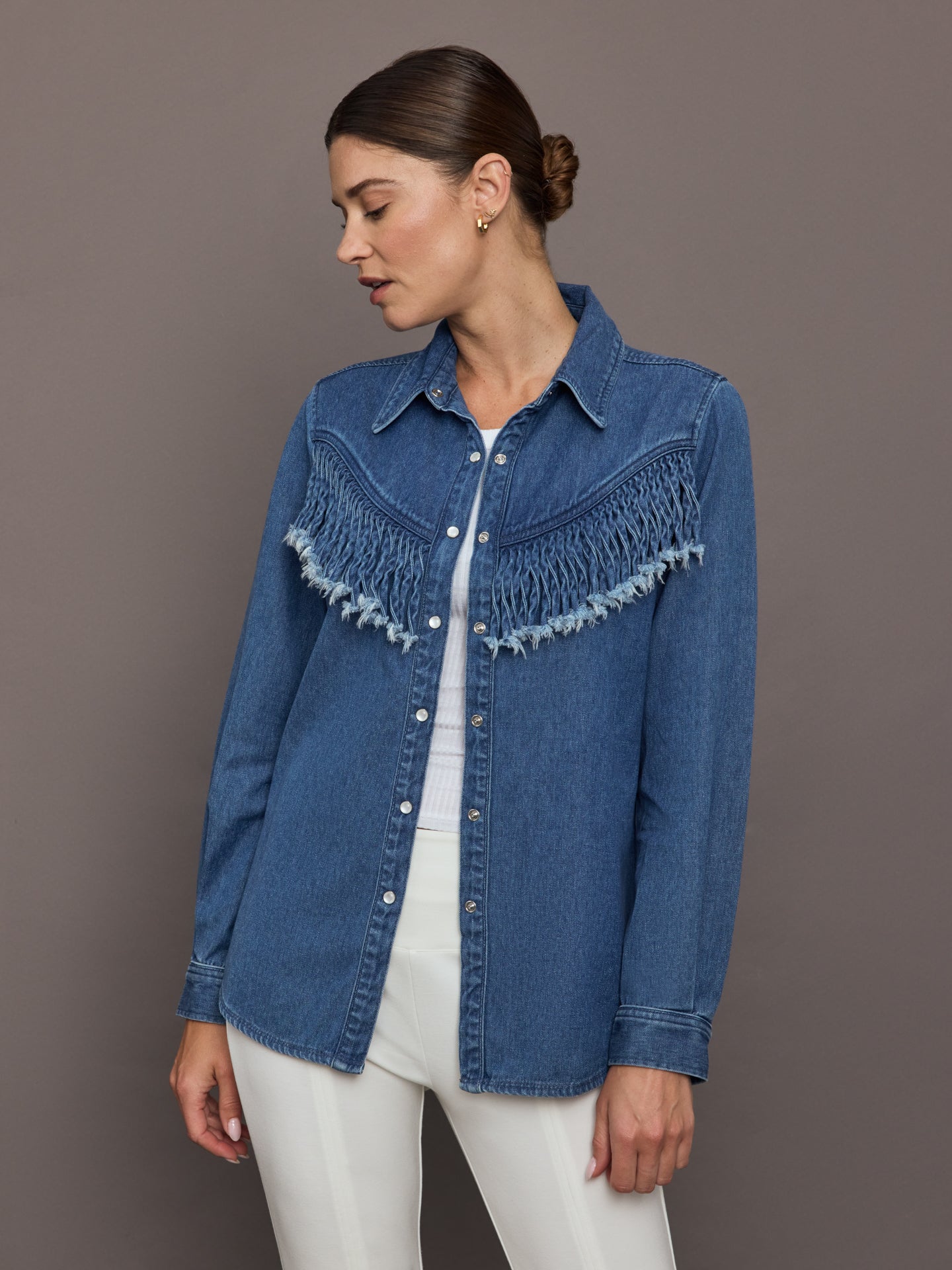 THE UPSIDE Wildwest Sylve Fringe Shirt   Blue