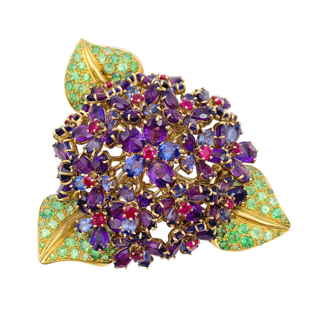 MILLER Clip René Boivin "Bouquet de Violettes"  or jaune  gemmes de couleur.