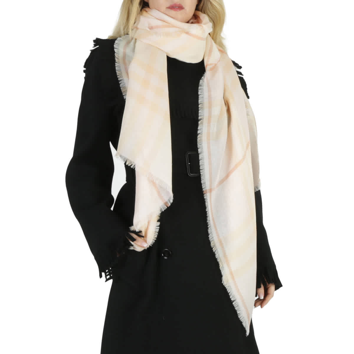 4022 Burberry Cameo Check Wool Silk Fringed Scarf