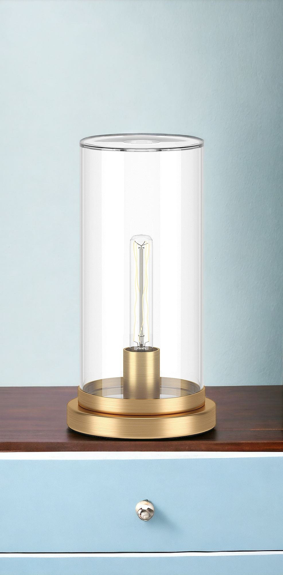2736 13" Gold Metal Table Lamp With Clear Drum Shade