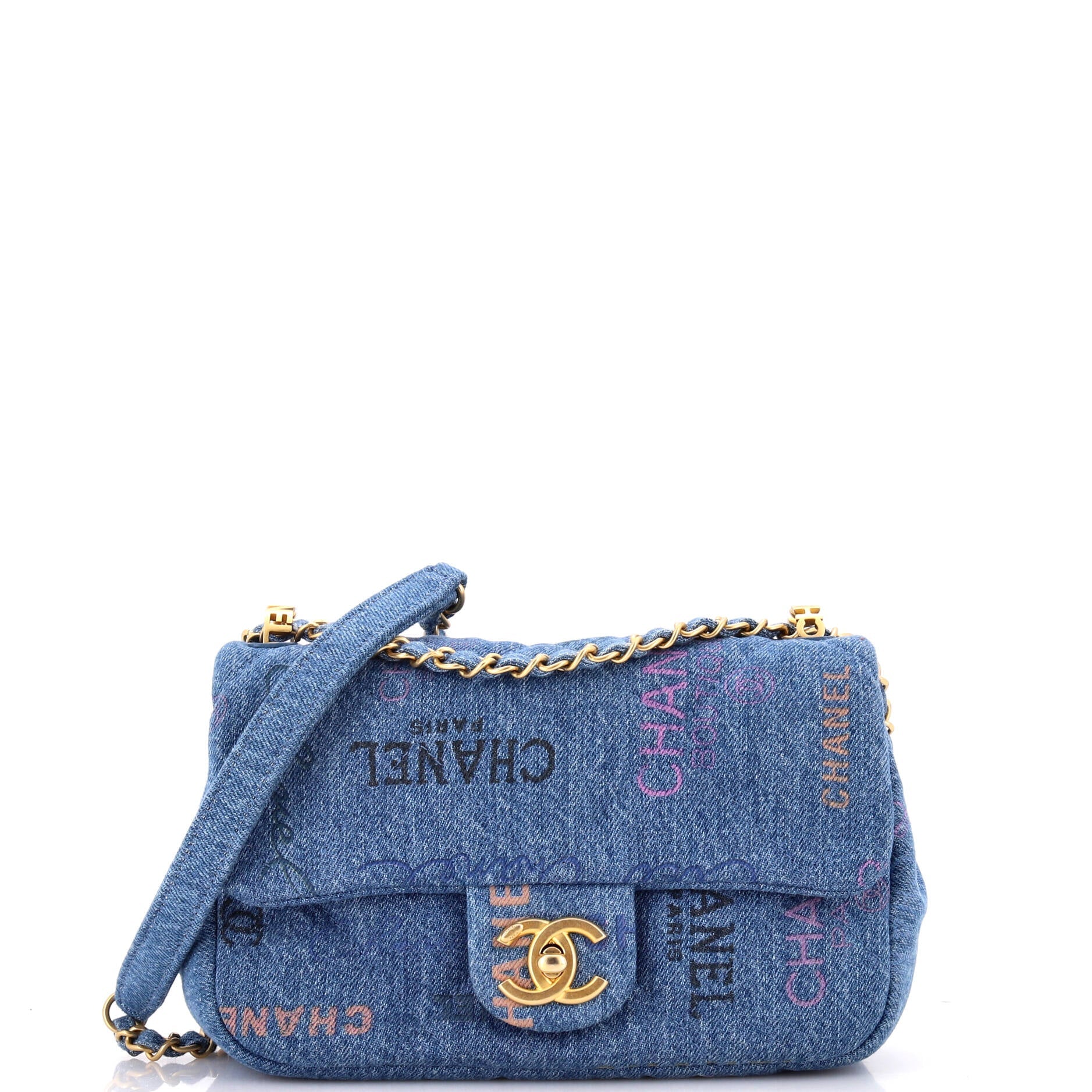 2860 Denim Mood Flap Bag Logo Printed Quilted Denim Small