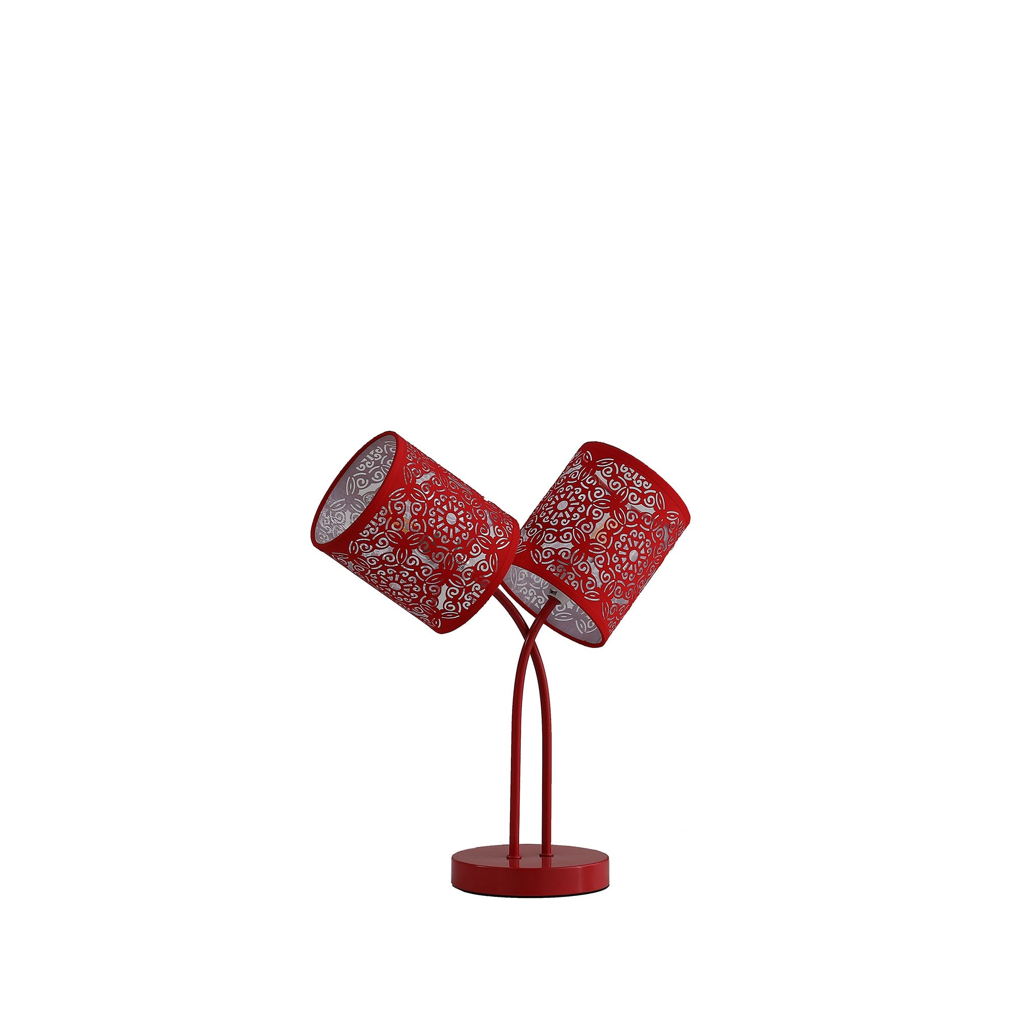 2736 17" Red Metal Two Light Table Lamp With Red Abstract Drum Shade