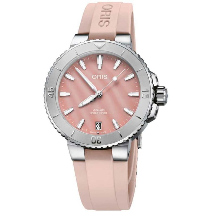 2818 Oris Aquis Date Pink Dial Rubber Strap Women's Watch 01 733 7770 4158 07 4 18 66FC
