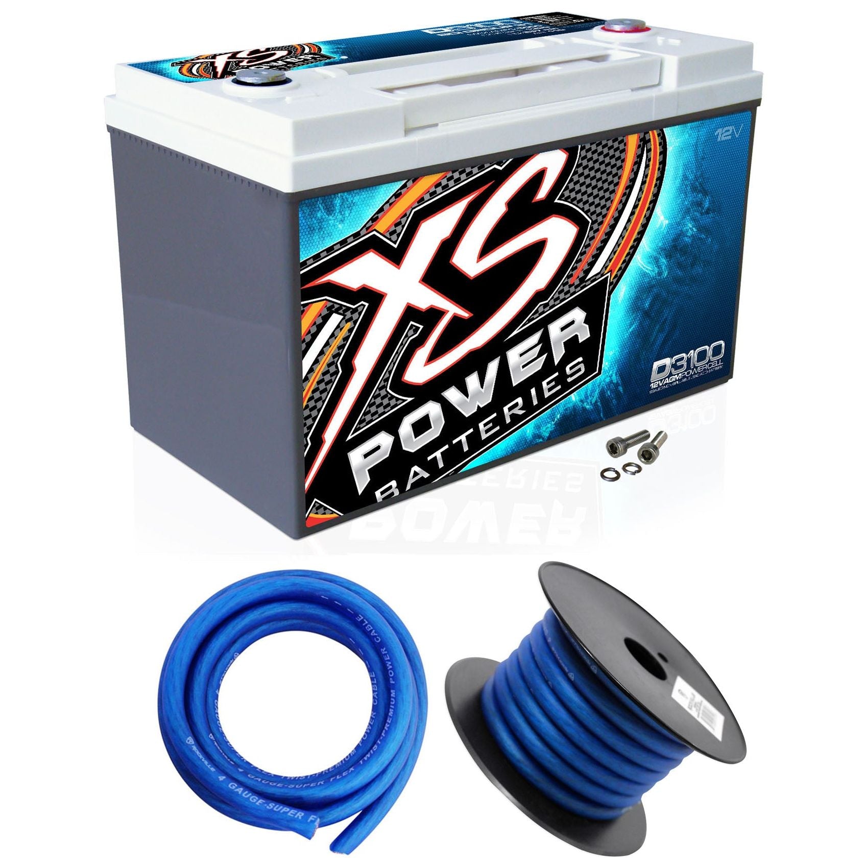 XS Power D3100 5000 Amp Power Cell Car Battery + Hardware + Power/Ground Wires