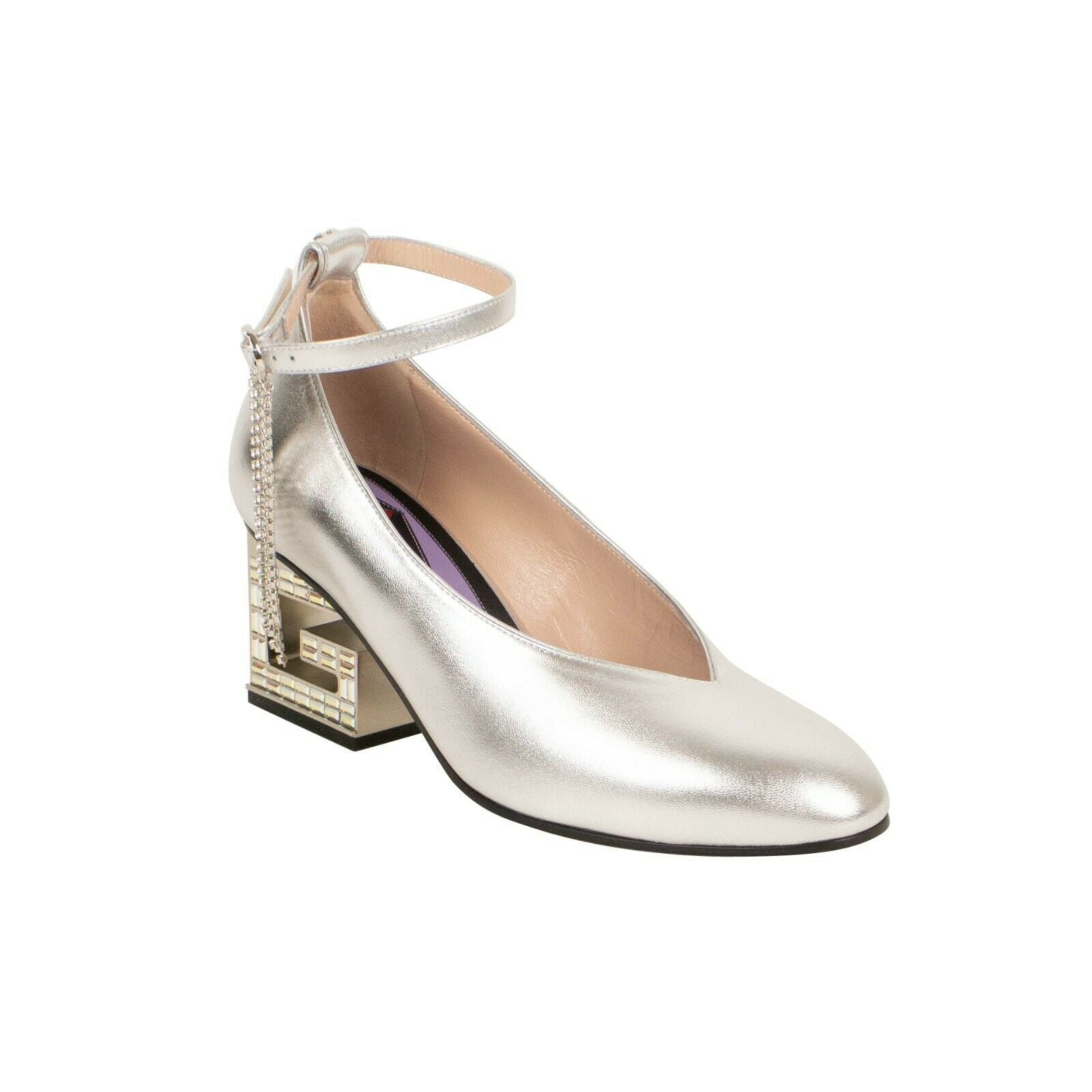 2514 Silver Leather Crystal G Mid Heel Pumps