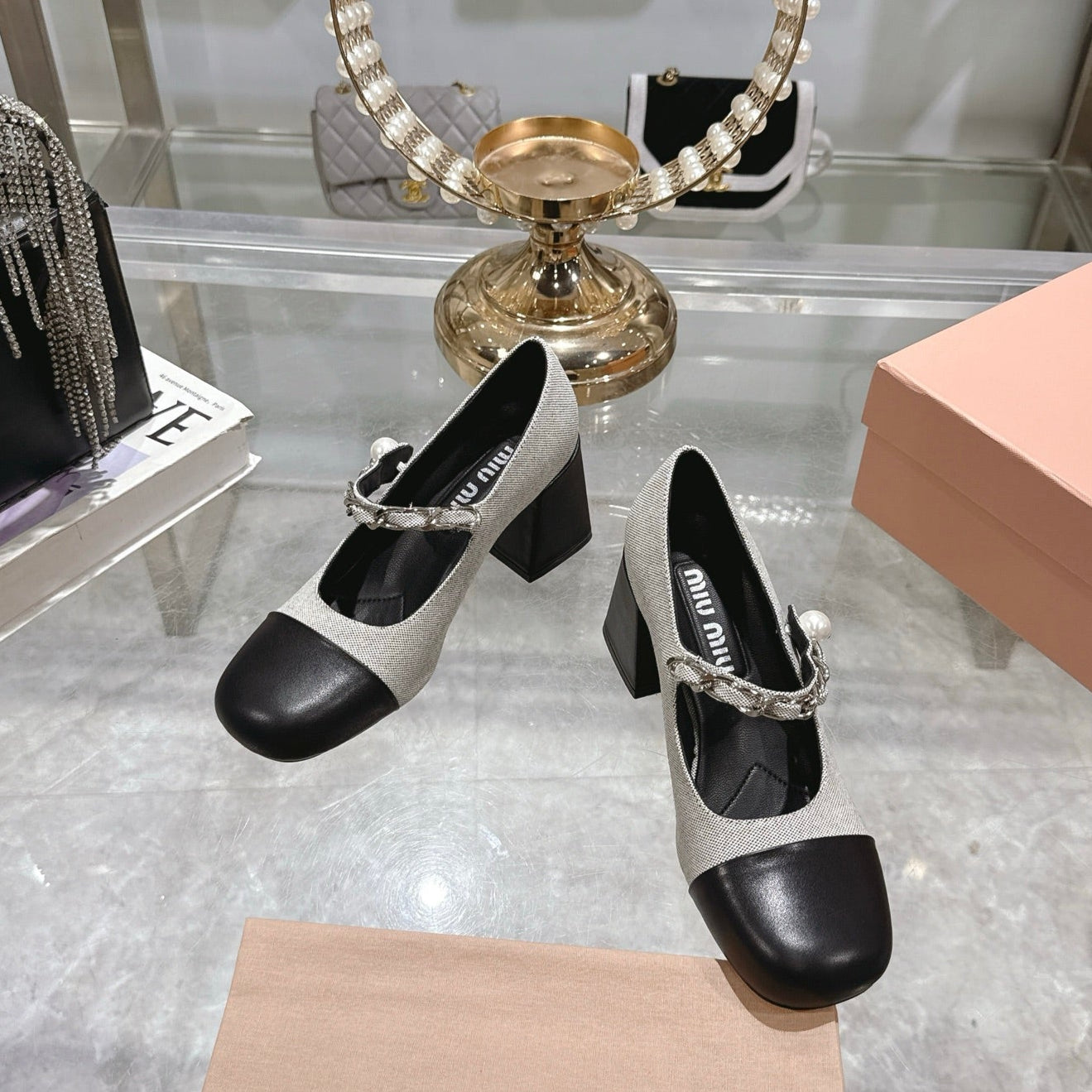 MIUMIU SHOE Miu 25C Mary Jane 75MM Beige Gray Mix Black Fabric 235368