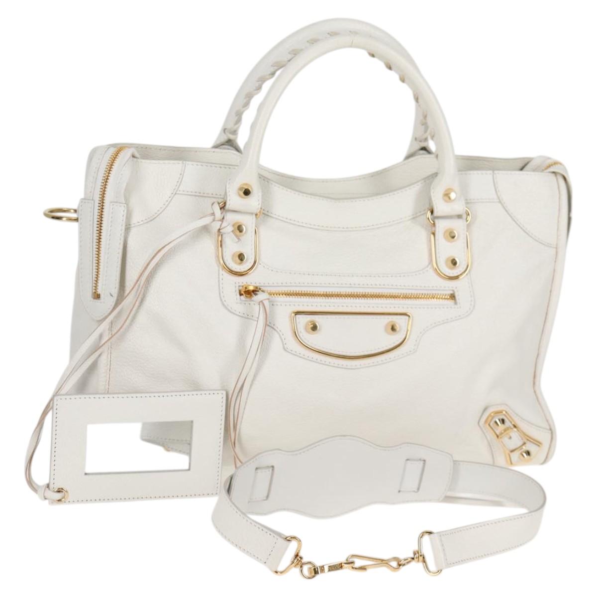 BALENCIAGA City Hand Bag Leather 2way White Gold 390154 Auth mr1278A