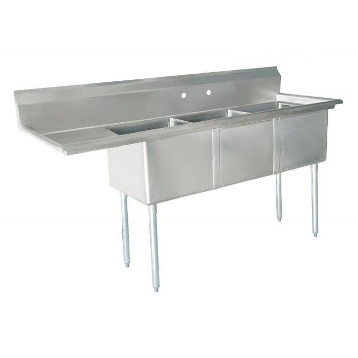 Nella 74.5" Three Compartment Sink with Center Drain and Left Drain Board   18" x 21" x 14" Bowl   43775