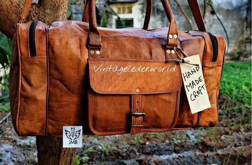MAHI LEATHER 24" Large Brown Leather Goat Hide Carry On Duffle Weekend Luggage Travel Bag JMB