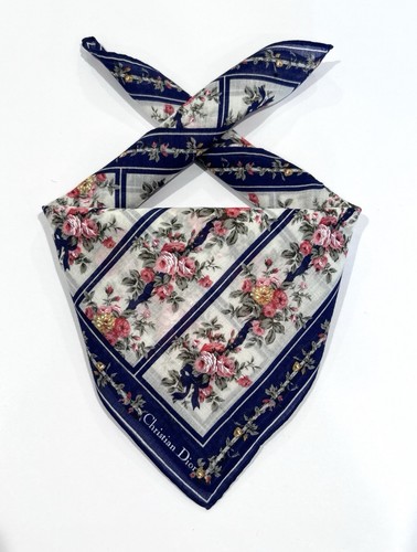 WOMEN HANDKERCHIEF CHRISTIAN DIOR FLORAL White Blue COTTON POCKET SQUARE 18”