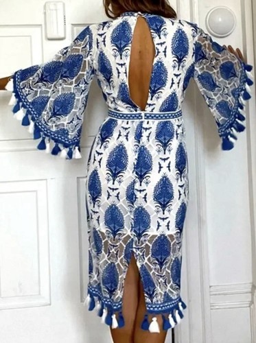 Alice McCall Memphis Dress Size AU 8   US 4 Floral Blue White Bell Sleeve tassle