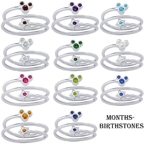 Real 925 Sterling Silver Round Birthstone Simulated Gemstone Star and Mouse Ring