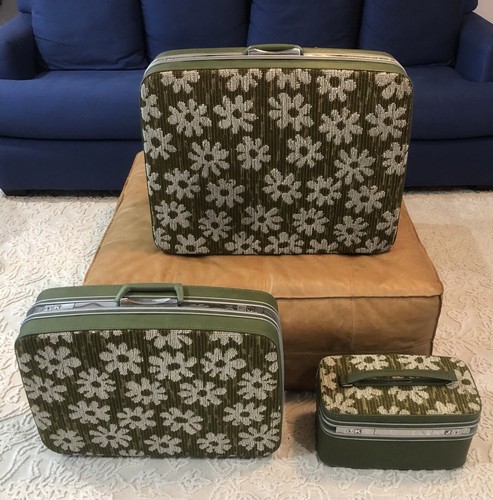 3 1960’s Samsonite Fashionaire Daisy Floral Green Carpet Suitcases + Train Case