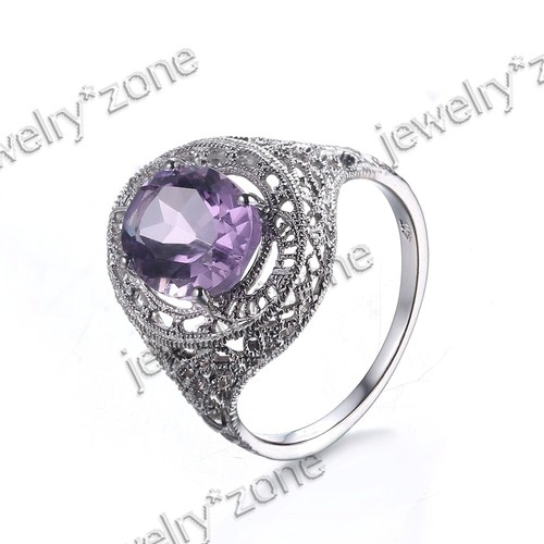 10k White Gold Amethyst Filigree Vintage Style Solitaire Engagement Wedding Ring