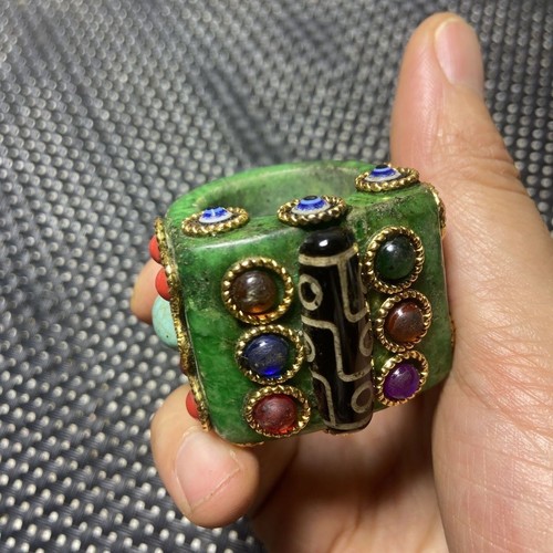 Antique Old Jade Duobao Inlaid Dzi Bead Finger Wrench Ring National Collection