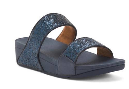 FITFLOP LULU TWO BAR GLITTER SLIDES MIDNIGHT NAVY Size 8.5