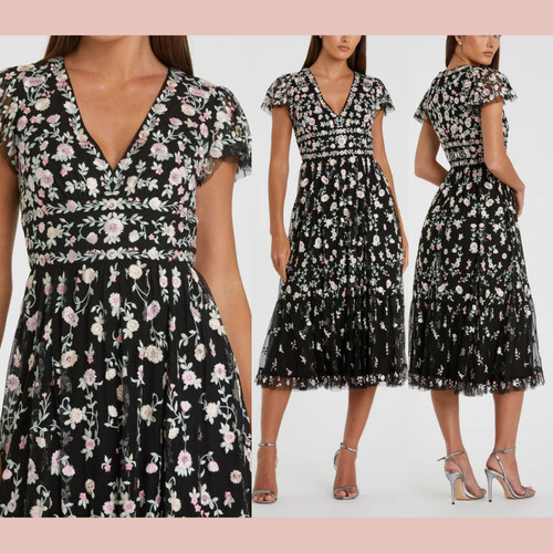 NWT MAC DUGGAL [ 4 ] 35104 Embroidered V Neck Cap Sleeve Midi Dress Black J968
