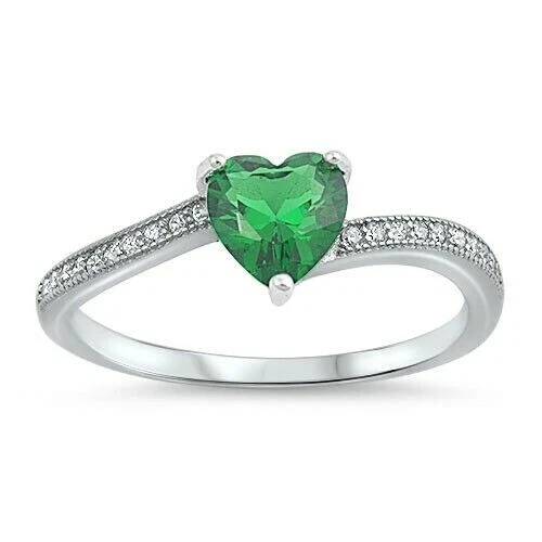 Heart Ring Genuine Sterling Silver 925 Green & Clear CZ Face Height 6 mm Size 4
