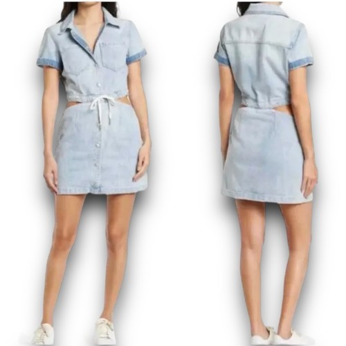 NOAH NYC Blank NYC Dress WMNS S Blue Denim Cutout Denim Sporty Collar Mini Snap Buttons