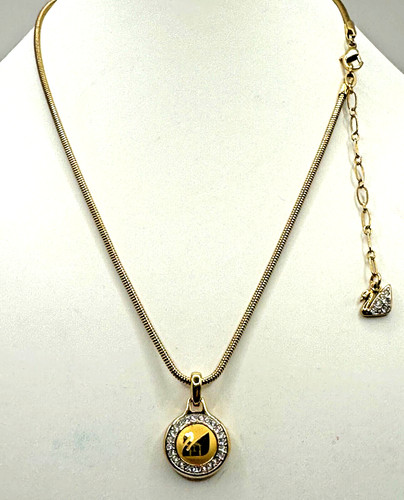 AUTENTICO CIONDOLO REVERSIBILE LOGO CIGNO CRISTALLO SWAROVSKI E CATENA CHARM ORO 16"