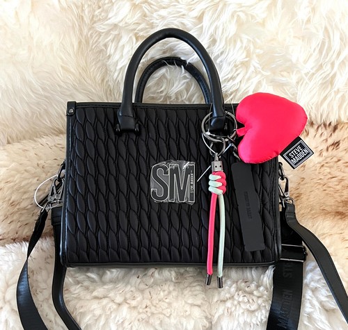 Steve Madden BMARTIE Quilted Nylon Satchel Crossbody Black Bag Charms NWT