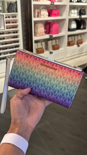 Michael Kors Women Large Double Zip Wallet Clutch Phone Hol Wristlet Rainbow