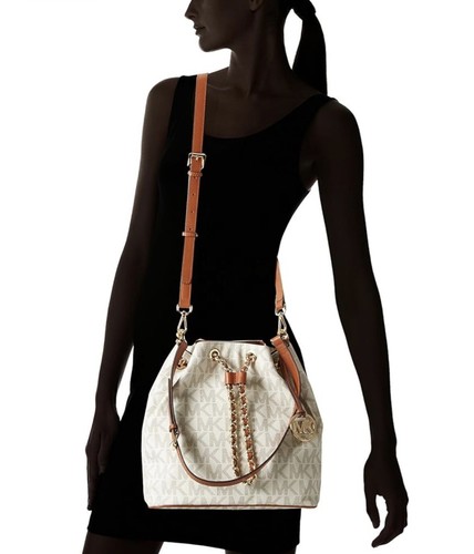 Michael Kors Frankie MK logo catena cordino borsa bianco marrone chiaro cinturino a tracolla