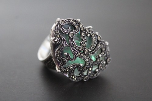 Armenian Spirit Green topaz nacreous large ring Sterling silver 925 Marcazyte