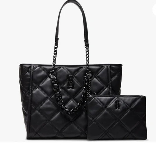 Steve Madden Faux Leather Quilted Tote with Pouch Women's Black Zip Closure