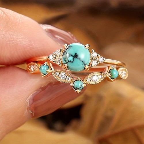Turquoise 18K Gold Filled 2PCS Ring Set Marble Effect  Inlaid Zirconia Size M