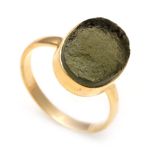 AAA+ Rough Moldavite Oval Meteorite Ring 925 Sterling Silver Gold Plated Jewelry