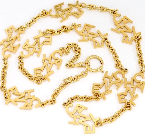 CHANEL Logo Charm Chain Long Necklace 35" G Tone Auth #796 35
