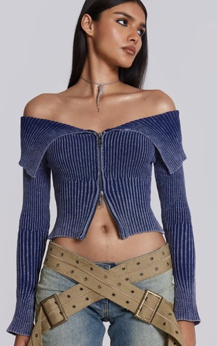 GHOST LONDON Jaded London Blue Ribbed Off The Shoulder Knit Jacket Top Size AU 10 US 6